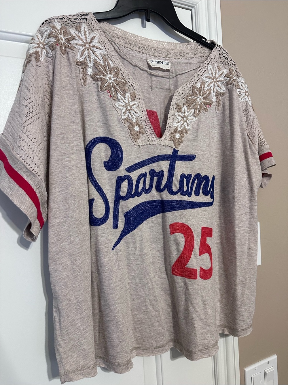 We The Free Beige Embroidered V-Neck Tee with Red Accent
